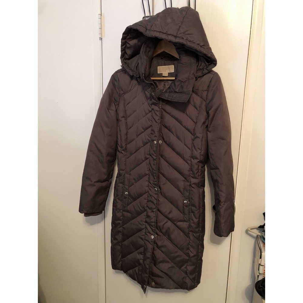 Michael Kors Gray Long Nylon Down/waterfowl Feather Hooded Zip Women's Jacket S